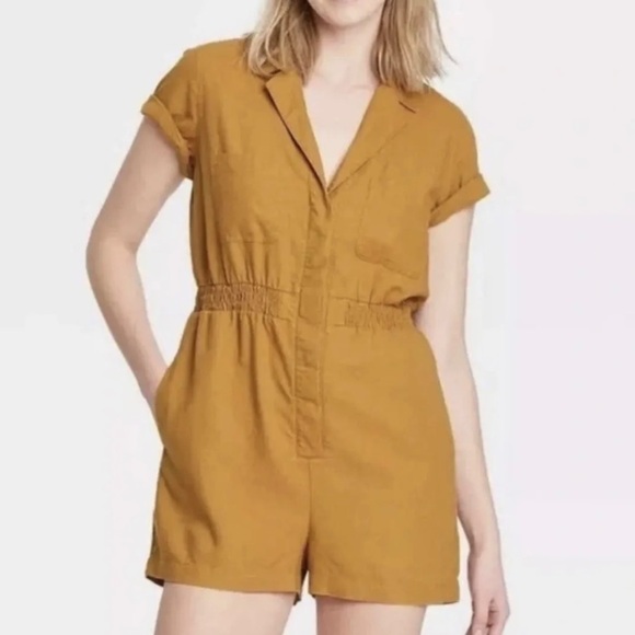 Universal Thread Womens M Linen Blend Mustard Yellow Romper Jumpsuit Pockets - Picture 2 of 15